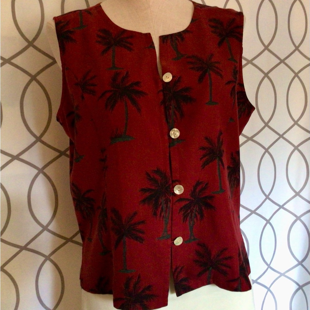 Pineapple Moon Palm Tree Print Silk Blouse Sz. L